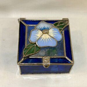 Cobalt Blue Stained Glass & Mirror Trinket Jewelry Box w/ 3D Flower Gallery Inc